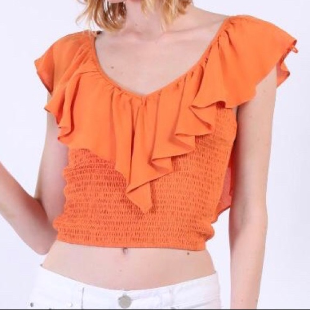 Orange slim fit cropped top with ruffles